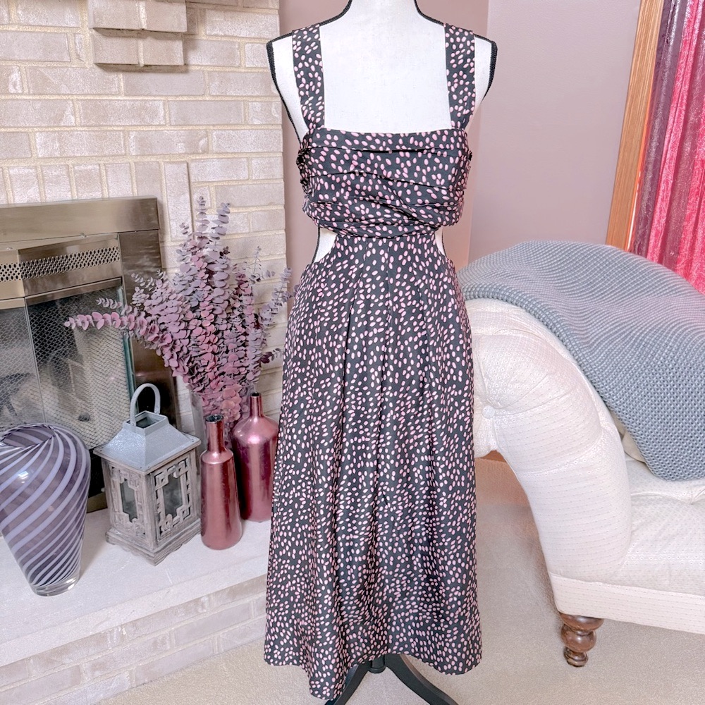 New Rebecca Vallance Silk Cha Cha Cut Out Midi Dress - Black & Pink